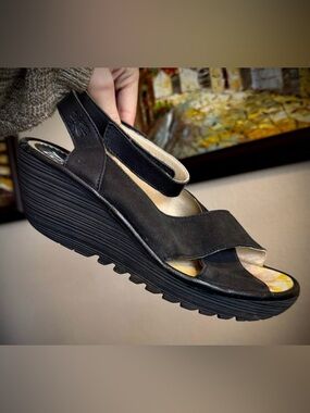 Fly London Yivi Black Leather Heels Sandals 40